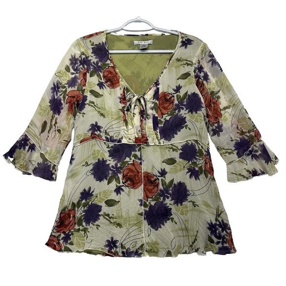 Nine West Silk Y2K Floral V-Neck Flowy Blouse Top Size 10 Green Cream Fairycore - Picture 1 of 13